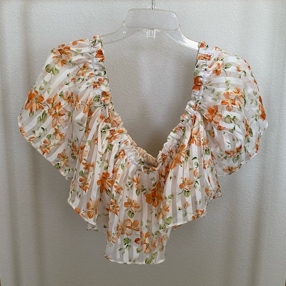 Revolve Privacy Please Orange Floral Pleated Set - Off Shoulder Top Midi Skirt - Picture 2 of 9